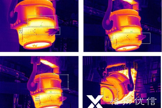 物優信紅外熱像儀鋼包檢測熱成像實景圖與溫度曲線圖